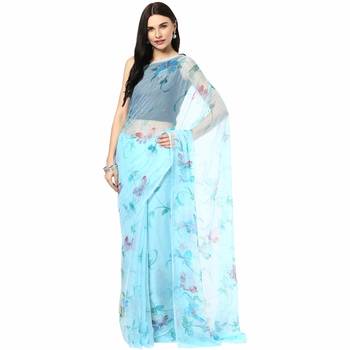 Blue embroidered pure chiffon saree with blouse 1