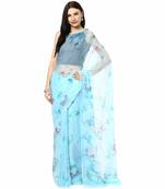 Blue embroidered pure chiffon saree with blouse