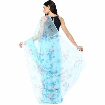 Blue embroidered pure chiffon saree with blouse 2