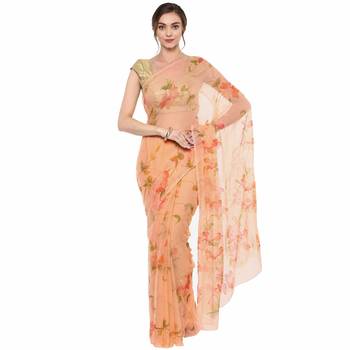 Peach embroidered pure chiffon saree with blouse 1