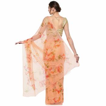 Peach embroidered pure chiffon saree with blouse 2
