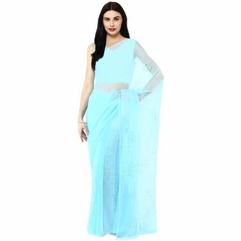 Hand Embroidered Blue Mukaish Chiffon Saree 1
