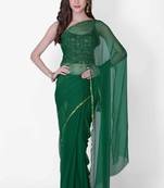 Green plain pure chiffon saree with blouse