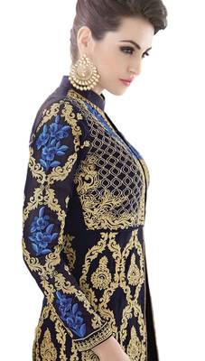 Navy Blue  Resham Embroidery,Diamond Stone And Lace Patta Work Wedding Anarkali Suit 4