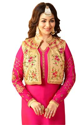 Magenta  Rsham Work,Lace Work & Stone Work Koti Style Churidar Salwar Kameez 2