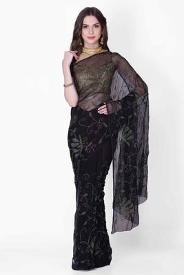 Black embroidered pure chiffon saree with blouse 1