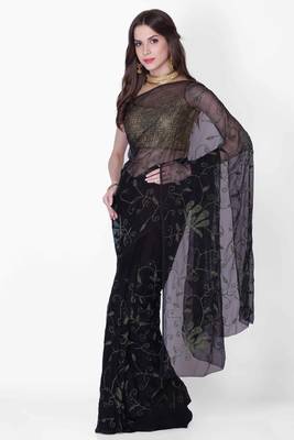 Black embroidered pure chiffon saree with blouse 2