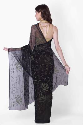Black embroidered pure chiffon saree with blouse 3
