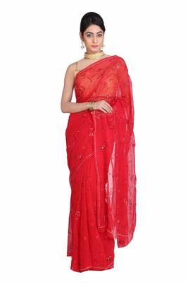 Hand Embroidered Red Sequines Pure Chiffon Saree 1