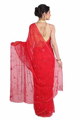 Hand Embroidered Red Sequines Pure Chiffon Saree 3