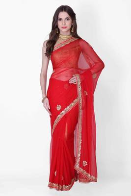 Red embroidered chiffon saree with blouse 1