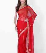 Red embroidered chiffon saree with blouse