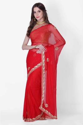 Red embroidered chiffon saree with blouse 2
