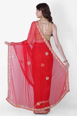 Red embroidered chiffon saree with blouse 3