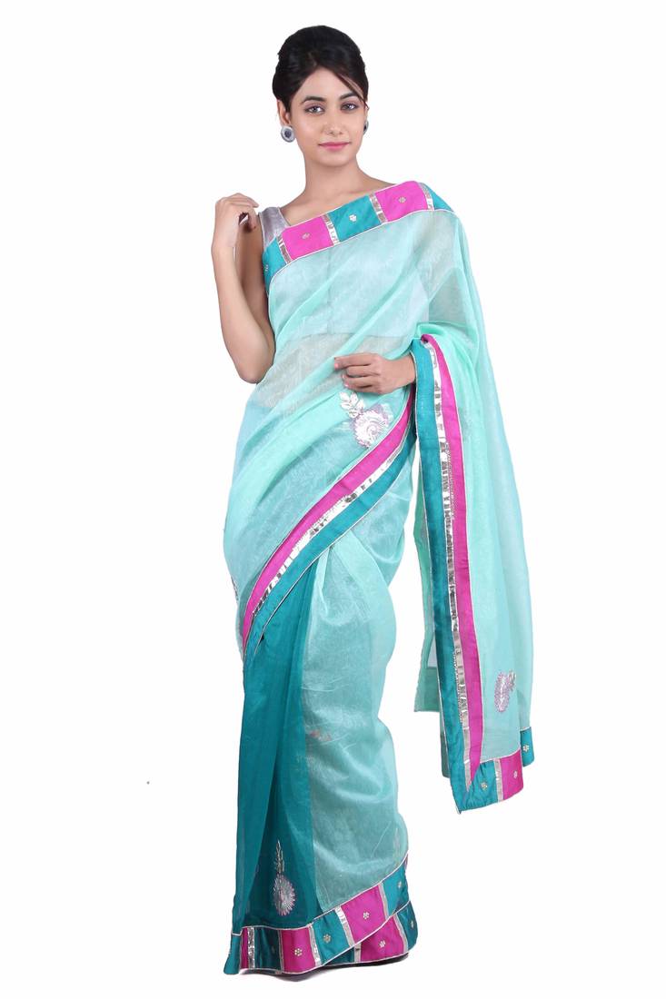 Geroo Jaipur Green embroidered pure cotton silk saree with blouse