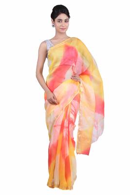 Yellow printed pure cotton silk saree with blouse 1