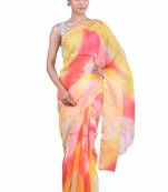 Yellow printed pure cotton silk saree with blouse