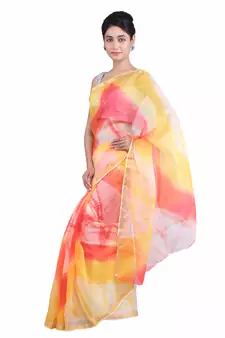 Yellow printed pure cotton silk saree with blouse