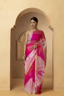 Geroo Jaipur Pink & White Bandhani Pure Silk Bandhani Saree