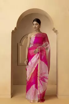 Geroo Jaipur Pink & White Bandhani Pure Silk Bandhani Saree