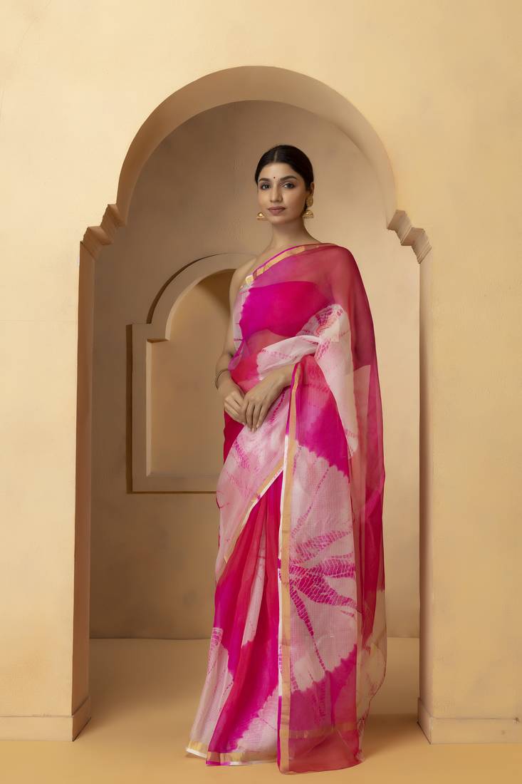 Geroo Jaipur Pink & White Bandhani Pure Silk Bandhani Saree