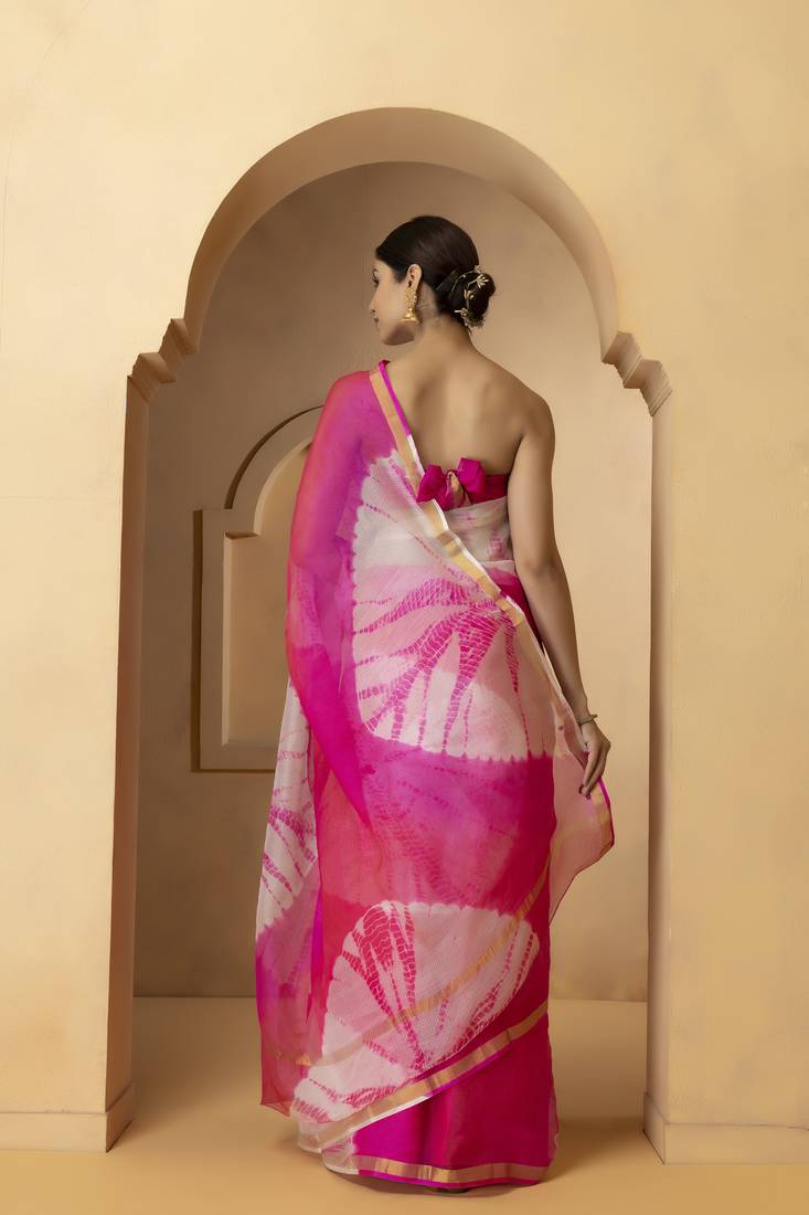 Geroo Jaipur Pink & White Bandhani Pure Silk Bandhani Saree