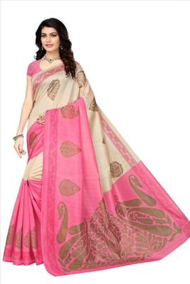 Beige printed cotton silk saree with blouse 1