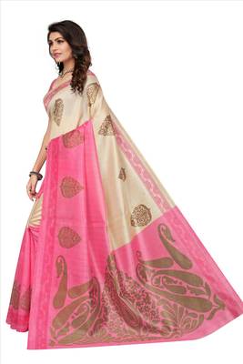 Beige printed cotton silk saree with blouse 2