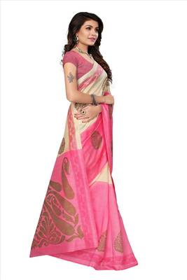 Beige printed cotton silk saree with blouse 3