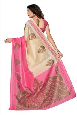 Beige printed cotton silk saree with blouse 4
