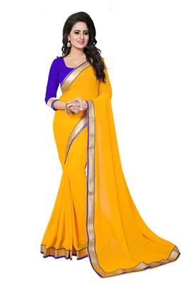 Mustard plain georgette saree with blouse 1