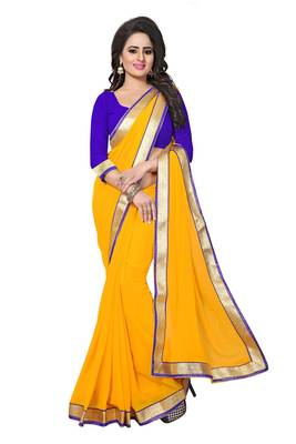 Mustard plain georgette saree with blouse 2