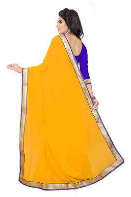 Mustard plain georgette saree with blouse 3