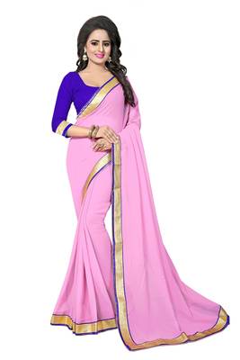 Pink plain georgette saree with blouse 1