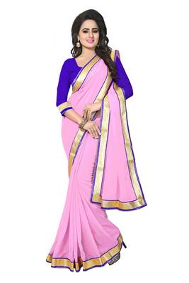 Pink plain georgette saree with blouse 2