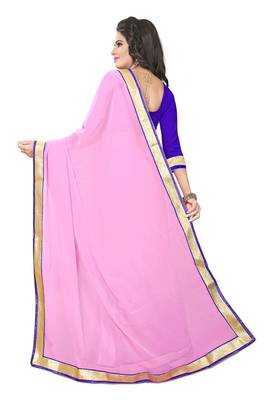 Pink plain georgette saree with blouse 3