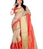 Beige printed silk cotton saree with blouse