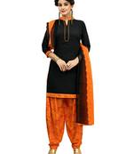 Black and Orange Printed Synthetic Semi-Patiyala Salwar Suit Dress Material