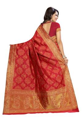 Red printed silk saree with blouse 3