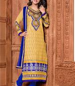 Hina Khan Yellow & Blue Color Karachi Work Cotton A-Line Salwar Kameez