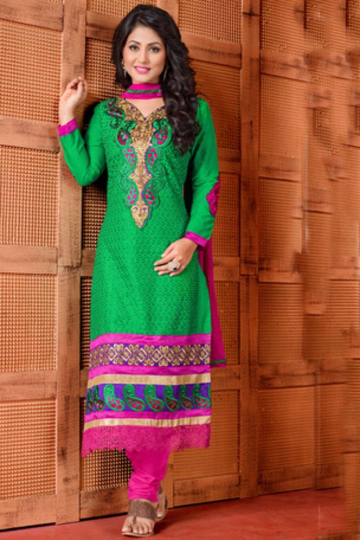 knee length dresses for ladies Olive Printed and Embroidered Pure Cotton Salwar Suit in Flattering A-