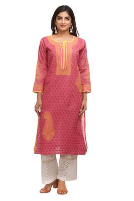 Magenta Embroidered Cotton Chikankari Kurti  1