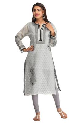 Grey Embroidered Cotton Chikankari Kurti  1