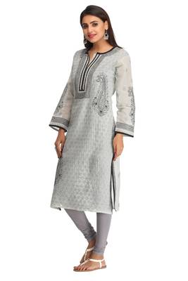 Grey Embroidered Cotton Chikankari Kurti  3