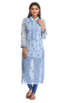 Light Blue Embroidered Faux Georgette Chikankari Kurti 1