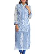 Light Blue Embroidered Faux Georgette Chikankari Kurti