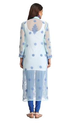 Light Blue Embroidered Faux Georgette Chikankari Kurti 2