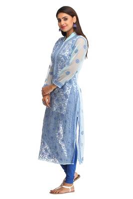 Light Blue Embroidered Faux Georgette Chikankari Kurti 3