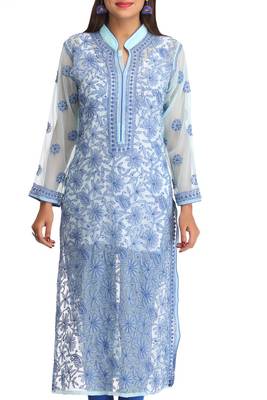 Light Blue Embroidered Faux Georgette Chikankari Kurti 4