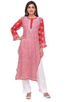 Red Embroidered Faux Georgette Chikankari Kurti 1